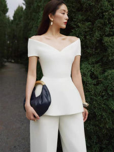 French Luxury Style Elegant One-shoulder V-neck Top and Wide Leg Pants Set