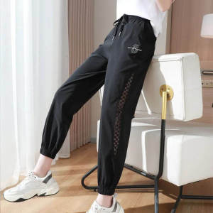 Annie-Sport Jogging Pants Women Plus Size Ice Silk Quick-drying Hollowed Out Mesh Patchwork Sports Pants Summer Thin Loose Casual Sport Pants for Women High Waisted Loose Sport Wear Women