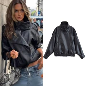Womens Jacket Fall 2025 New Black Long Sleeve Pebble Faux Leather Jacket Motorcycle Style Personality Fashion