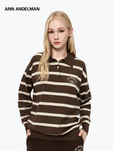 ANN ANDELMAN | Brown White Stripe Long Sleeve Retro Loose Embroidered Polo Shirt