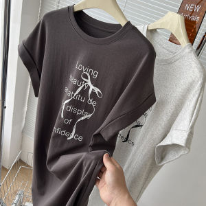 Summer Butterfly Knot Letter Print Split Long T-Shirt Dress Casual Style Short Sleeve round Neck H-Shape Cotton Womens Dress