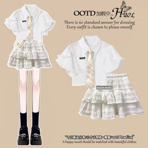 Sweet Short Sleeve Shirt Top And High Waist Puffy Skirt Set for Teenage Girls Korean Style Summer Clothing Slimming Effect