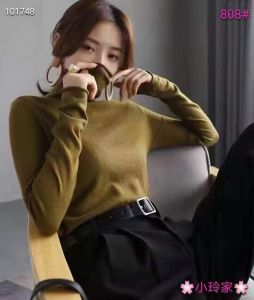 Retro Yellow And Green Knitted High Collar Elastic Sweater Womens Versatile Long Sleeve Base Shirt Short Length Knitwear