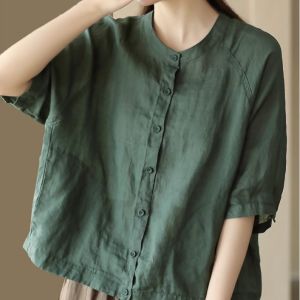 Retro Flax Open Cardigan Top Womens Spring Summer Thin Casual Cotton Linen Short Sleeve Shirt Artistic Commute Style
