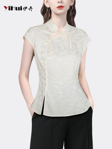 New Chinese Style Womens Shirt Floral Embroidery Stand Collar Light National Style Buttoned Fashion Waist in Summer Top
