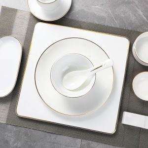 Hotel Supplies Tableware Ceramic Gold Line Table Decoration Four-Piece Set Restaurant Ding Room Bowl Plate Dish Set Chinese Club Customization