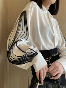 Twotwinstyle Premium Loose Long Sleeve White Shirt Striped Color Block Lantern Sleeve Business Top for Women Comfortable Fit