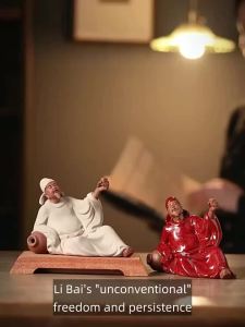 Oriental Ancient Chinese Poet Li Bai Ceramic Statue Reclining Wine Lover Figurine for Office Desk Bookshelf Zen Home Decor
