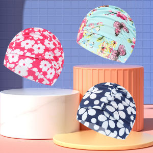 Swimming Cloth Cap Adult plus Size Swimming Cap Mens Ms. Long Hair Ear Protection Not-Too-Tight Pleated Printed Cloth Fashion Swimming Cap
