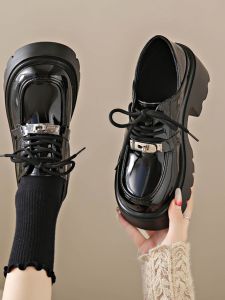 ผู้หญิง รองเท้าโลฟเฟอร์ส้นหนา Mary Janes ความสูง Retro สไตล์อังกฤษ ฤดูใบไม้ผลิ ฤดูใบไม้ร่วง สิทธิบัตรแฟชั่นใหม่ หนัง รองเท้าหัวกลม