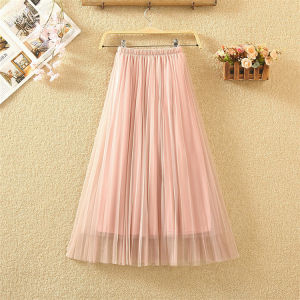 Spring and Summer New Arrival Mesh Pleated Skirt Womens Easiest for Match Mid Length Long Length K-style High Waist Slim Looking A- line Large Hem Gauze Skirt