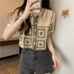 ⚜️SF Crochet knit tank top for women vintage sweet short sleeved POLO neck cardigan 2025