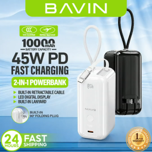 (CCC) BAVIN PC1218S 2in1 Portable 10000mAh 45W PD Fast Charging Powerbank w/ Built-in Retractable Type-C Cable + AC Plug