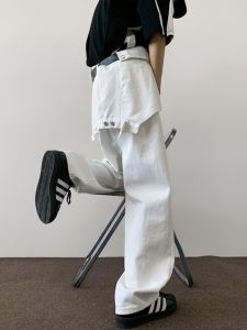 Extra Large White Denim Jeans Mens Summer American High Street Straight Leg Design Sensation Overalls Trendy Teenage Jeans