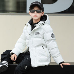 Thickened down Cotton Jacket for Boys Hat Integrated Childrens Winter Clothes Easy Care Polyester Fabric Waterproof Coat
