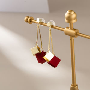 Retro Hong Kong Style Color Block Hollow Square Long Fashionable Korean Air Quality Earrings for Women