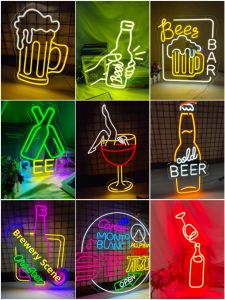Bar Neon Light Outdoor Decorative Lamp Beer Pint Glass Cocktail Shape Light up Word Vintage Style Acrylic Material LED Source