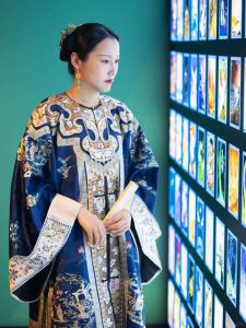 Qinghan Womens round Neck Long Shirt Jacket Qinghai Chamber of Commerce Style Blue Outerwear Top for Daily Use