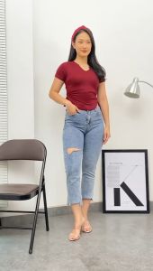 PROMO 12.12 Kaos Wanita V-Neck Serut Samping Kiri Kanan - Atasan Wanita Crop Oval Wanita Korean 6048