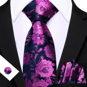 Mens Tie Classic Purple Golden Pink Ivory Floral Jacquard Ties Hanky Cufflinks Set Necktie Formal Wedding Dinner Party