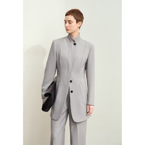 AMII | Elegant Commuter Linen Blend Mandarin Collar Fitted Slimming Blazer for Women