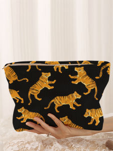 กระเป๋าแต่งหน้าผ้าลูกฟูกลายเสือชีต้า 1 ใบ กล่องเก็บเครื่องสําอางซิปน้ําหนักเบา กระเป๋ามัลติฟังก์ชั่นพร้อมซับใน