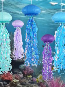 Colorful Jellyfish Decorative Lantern Hanging Ornament for Playground Arrangement Birthday Party Mermaid Prop Cartoon Style Foldable Paper Lantern