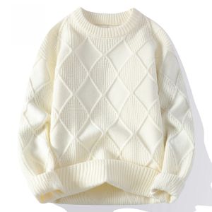 ROMON | เสื้อสเวตเตอร์ถักหนาแบบสวมหัวหลวมๆ สำหรับผู้ชายฤดูใบไม้ร่วง/ฤดูหนาว ทรงหลวม คอกลม สีสันสดใส ผ้าฝ้ายโพลีเอสเตอร์ 100%