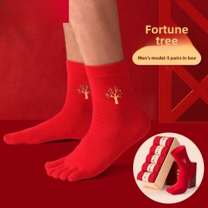 Hengyuanxiang Lucky Year Five-Finger Cotton Socks Men Women Couples Mid-Calf Festival Celebration Red Color Four Seasons