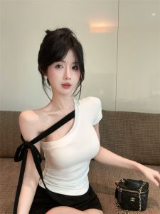 GUZILIAN | Unique Knitted Short Sleeve T-Shirt Women Summer Pure Desirable One Shoulder Hanging Neck Beautiful Small Top Korean Style Slim Fit