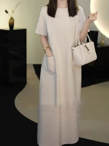 Váy Dài Vừa Phải Ôm Sát Cơ Thể Mùa Hè Tay Ngắn Màu Trơn Váy Midi Cạp Cao Phong Cách Hàn Quốc Cotton 95% Spandex 5%