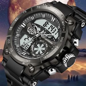 LIGE Fashion Sports Dual Display Watch For Men 50M Waterproof Quartz Military Watches Alarm Clock + Box