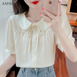 AMMIN summer new womens sweet doll collar chiffon shirt Korean wind fashion temperament pure color loose hundred with top bow tie short sleeve splicing blouse