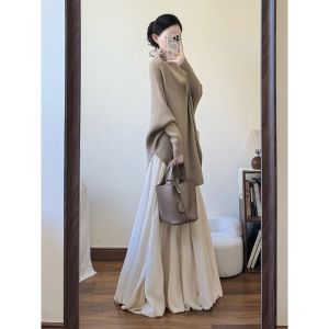 Autumn Winter Soft Elegant Camel Knitted Dress Set Lazy Chic High Waist A-Line Skirt Long Sleeve round Neck Casual Fashion