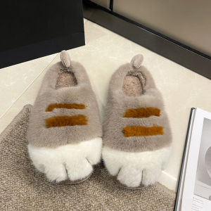 3D Cat Paw Plush Slippers Women Men Winter Thermal Flat Fluffy Home Slippers Anti Slip Cute Paw House Shoes for Indoor Bedroom
