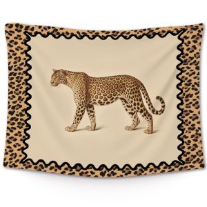 VIKAMA Leopard Print Border Walking Cheetah Wall Tapestry Beige Vintage Illustration Wild Cat Animal Spotted Frame Bedroom Soft