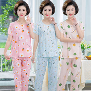 Mothers Cotton Silk Short Sleeve Suit Middle-Aged and Elderly Womens Summer Artificial Cotton Thin Cropped Pants Two-piece Set Summer Pajamas
