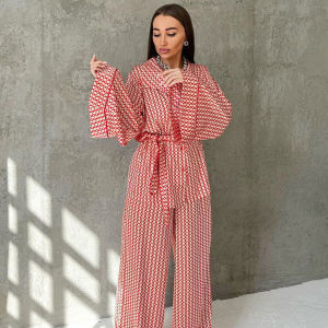 ชุดนอนกางเกงผ้าซาตินพิมพ์ลาย2ชิ้นสำหรับผู้หญิงเสื้อลำลองและกางเกงขากว้างชุดนอนสตรีฤดูใบไม้ร่วงฤดูหนาว