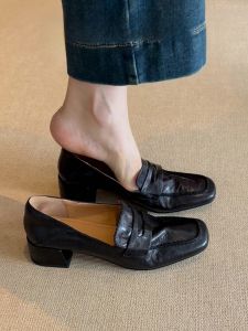 Cowhide Version ~ Authentic Leather Loafers Womens All-Matching Chunky Heel Slip-on Leather Shoe Black Work Clothing High Heel French Flats