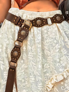 Bohemian American Style Rivet Brown Leather Belt Waist Chain Accessory Skirt Ethnic Style Waist Seal for Youth And Middle Age Women