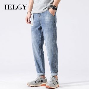 IELGY กางเกงยีนส์ขาเต่อทรงหลวมของผู้ชายกางเกงสำหรับผู้ชายใหม่กางเกงสำหรับผู้ชายฤดูร้อน