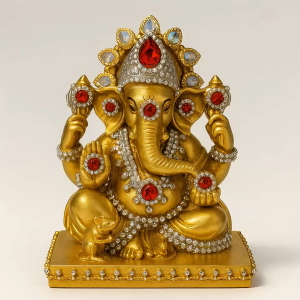 องค์พระพิฆเนศ สีทองประดับคริสตัลแดง 4 กร ปางประทานพร ตั้งโต๊ะ เสริมโชคลาภ งานเรียน ค้าขาย