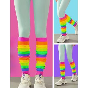Girl Juniors Neon Ribbed Leg Warmers For 80s Party Retro Sports Yoga Multicolor Striped Foot Cover Sleeve Ballet Dance Socks