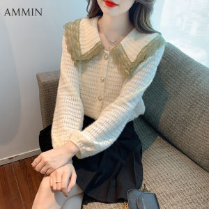 AMMIN Korean style lady long sleeve sweet doll neck embroidered lace leggings fall fashion big lapel chic and beautiful lace blouse bubble sleeve