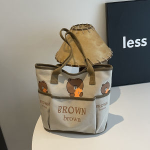 Cartoon Bear Canvas Tote Bag Womens Large Capacity Casual Handheld Commuter Bag Single Shoulder Bag for Class And Travel