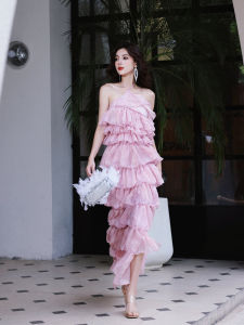 Dollytang Dubai Pink Sparkling Flower Necklace Dress Irregular Cake Skirt With Back Exposure For 18-24 Years Old Women