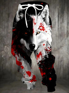 Hot Selling Fashion Dazzling Black and White Red Wolf Pattern Design 3D Printing Mens and Womens Outdoor Street Wear Pants