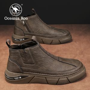 Mens Chelsea Short Boots High Top Winter Fleece Lined Zipper Martin Boots Casual Leather Shoes OCEANIA ROO Brand 2022 New Style