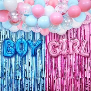 4 PCS Gender Reveal Decoration Fringe Curtain Blue Pink Boy Girl Foil Balloon Gender Reveal Party Supplies Baby Photo Backdrop
