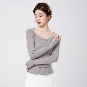 daydance | Woman Chest Pleated Dance Tops Thick V-neck Ballet Tops Long Sleeve Modern Dance Outfit Teen Gymnastic Yoga Tops Dance Blouse
